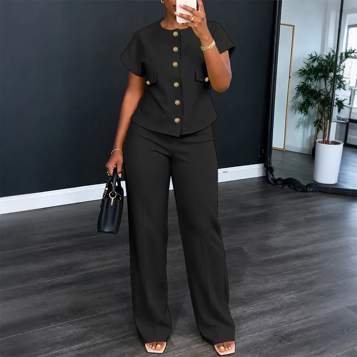 CHICME Women's 2 Piece Outfits Short Sleeve Button Down Top and Straight Leg Pants Set Casual Commuter Suits CHICME Women's 2 Piece Outfits Short Sleeve Button Down Top and Straight Leg Pants Set Casual Commuter Suits