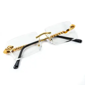 Mens Vintage Gold Frame Clear Lens Rimless Hip Hop Glasses