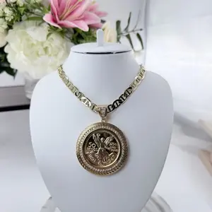 14K Gold Plated 50 Pesos Big Coin Pendant with Rhinestone for Men with 24in GG Style Chain