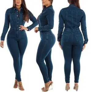 Union sports suit, lapel, women’s one-piece long-sleeve tight high-waisted workwear, slim-fit denim jumpsuit, tight-pants jumpsuit, autumn