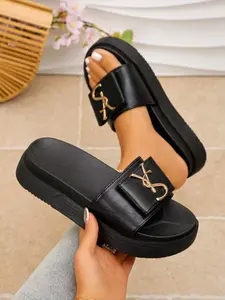 Women's Summer Open Toe Sandals, New Large Size Slip-Ons, Thick Sole Buckle Strap, Plain Color European Style, Casual Beach Slippers