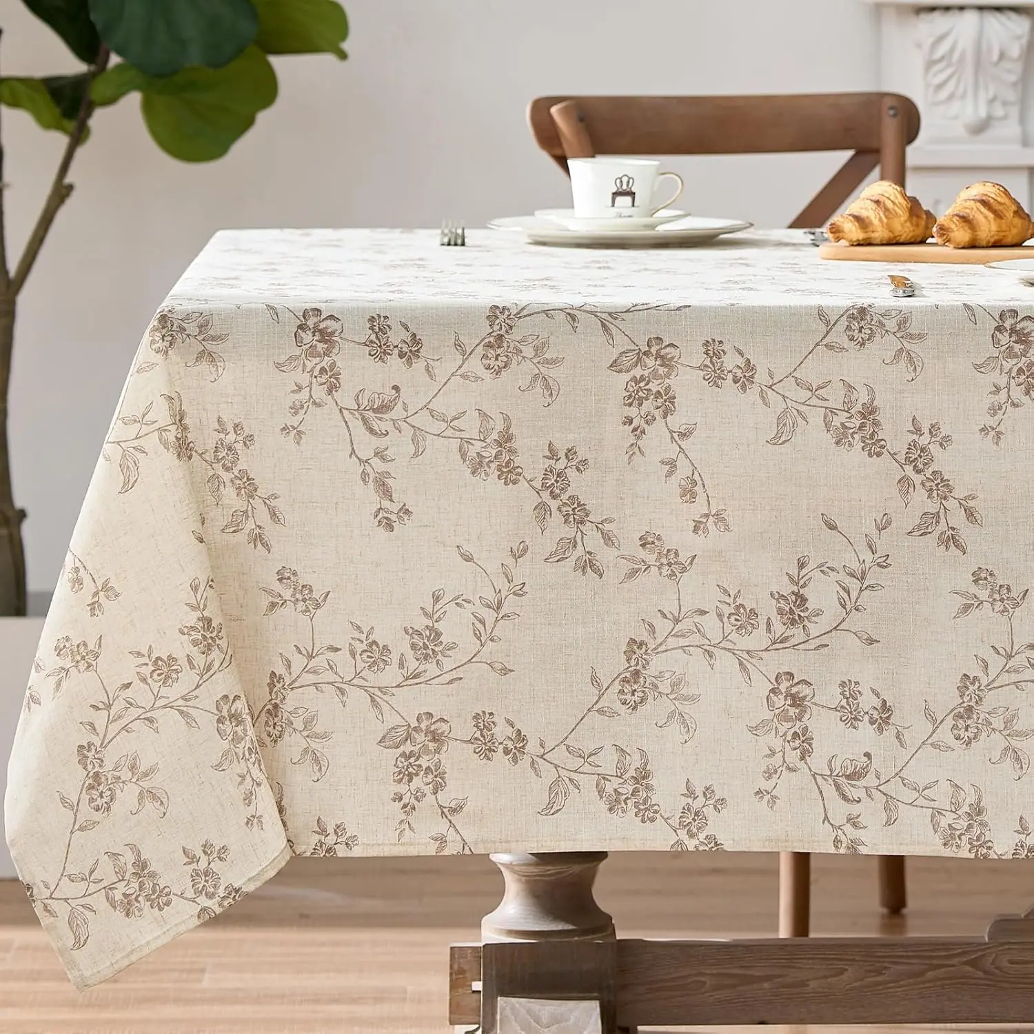 jinchan Rectangle Tablecloth - 52 x 70 Inch - Beige Linen Table Cloth - Farmhouse Floral Print Washable Table Cover for Restaurant Picnic Indoor and Outdoor Dining Rustic Home Decor Taupe on Flax