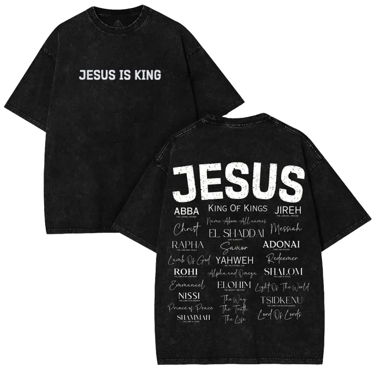 Men's Vintage Washed Cotton Fabric Apparel, Oversized Black Acid Wash Short Sleeve T-Shirt - Double-Sided Print, Bold "Jesus Is King" Front, Hebrew Names of Christ Faith Graphic, Casual Christian Clothes, Baggy, Seamless