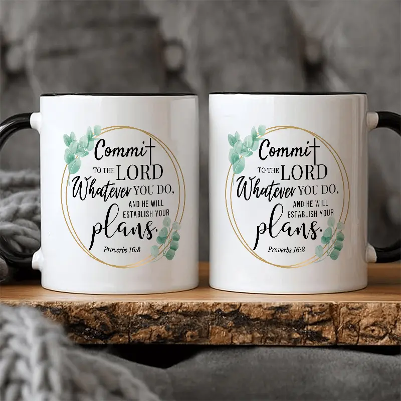 1 piece, 3A grade, Commit TO THE LORD Whatever YOU DO, AND HE WILL ESTABLISH YOUR plans Proverbs 16:8, classic bible quote coffee mug, 11 oz ceramic decorative tea cup ideal birthday gift for office/ house living/ party/ anniversary