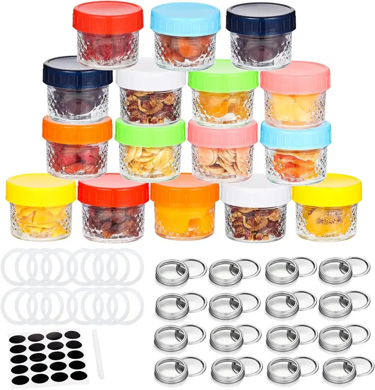 4oz Food Grade Stackable Glass Mason Jars Canister Set with Sealed Lids & Bands, Reusable Bulk Preserving Containers (16 Jars + 16 Extra Lids) for Kitchen Jam Storage, Home Supplies