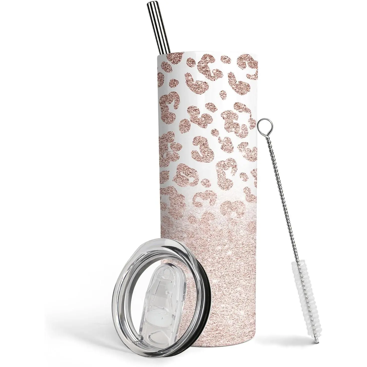Women's 20oz Leopard Printed Stainless Steel Vacuum Insulated Flask - Reusable Tumbler Cup, Portable Splashproof Travel Coffee Tumbler with Lid and Straw, Pink Drinkware, Tumbler Reusable Cup