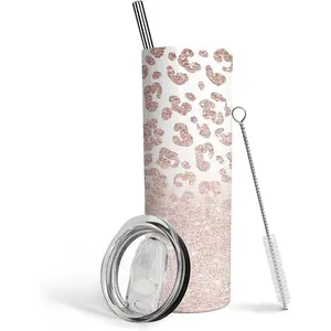 Leopard Tumbler for Women With Lid And Straw 20oz Print Tumbler Stainless Steel Insulated Cup Pink Leopard Coffee Travel Mug Bottles Portable