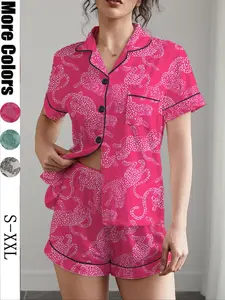 Women's Leopard Print Pajama Set, Casual All-Over Print Shirt & Shorts, Soft Knit Fitted Sleepwear Loungewear for Holiday Party Home Comfort Pjs