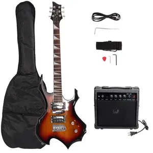 Flame-Shaped 6-String Electric Guitar with 20W Amp Sunset Color Complete Starter Kit Basswood Body Maple Neck Rosewood Fretboard Humbucker-Single-Humbucker Pickup 5-Way Switch Tremolo Bridge System