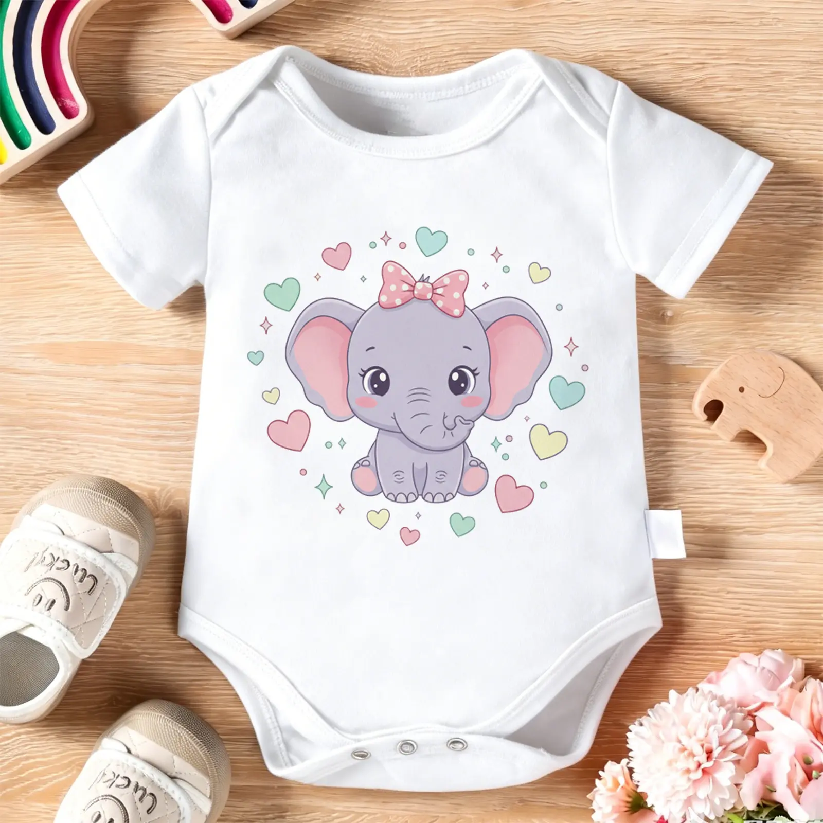 Elephant With Bow Baby Bodysuit – Funny Infant 2026 Newborn Clothes, 100% Cotton Jumpsuit for Baby Boys & Girls. Casual Romper with Letter Pattern, Short Sleeve Onesie for Indoor & Outdoor Wear. Perfect Baby Gift