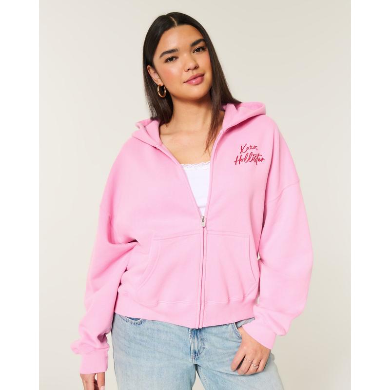 Hollister Feel Good Easy Zip-Up Xoxo Graphic Hoodie