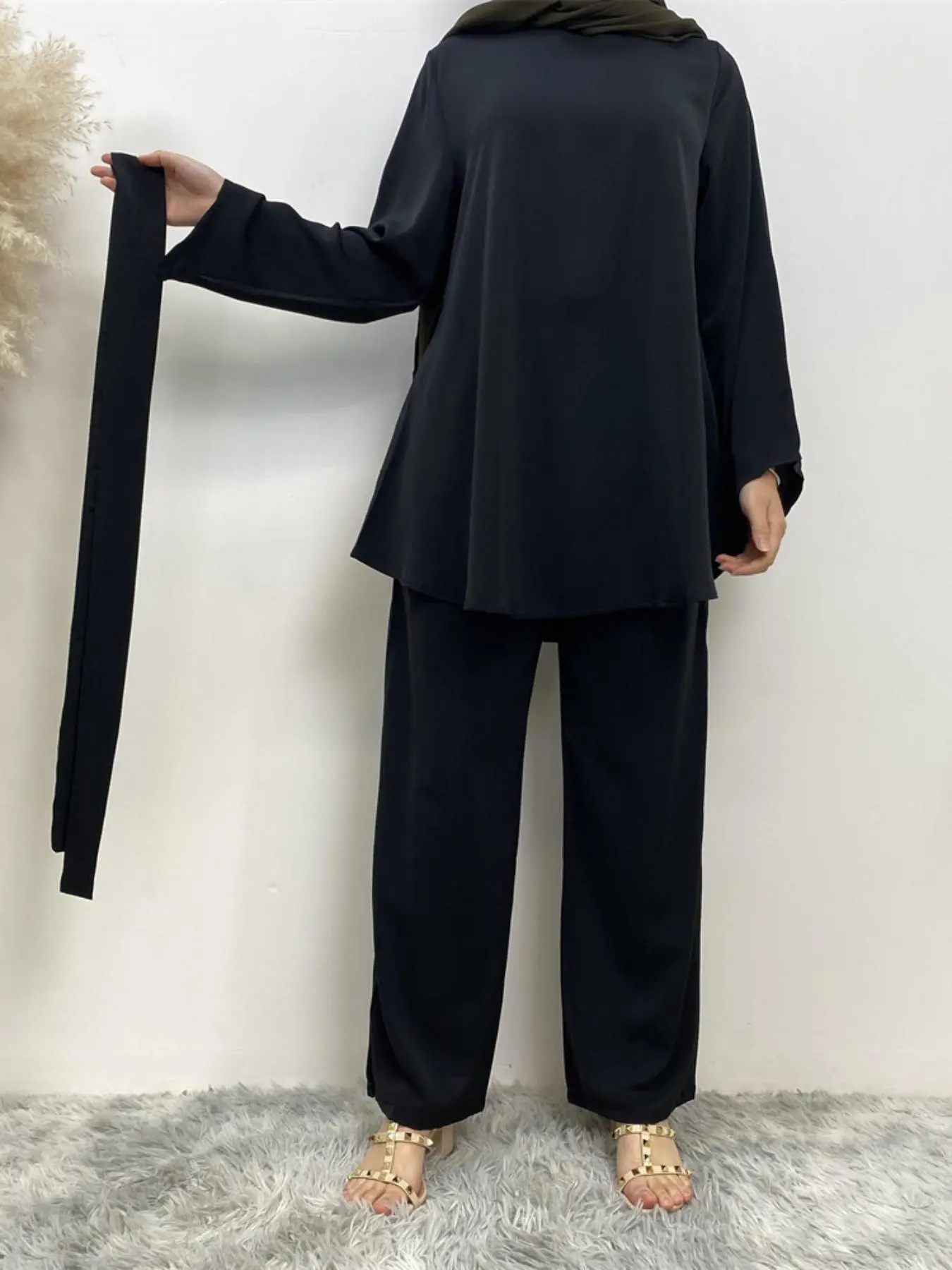Women's Solid Color Long Sleeve Top with Belt & Pants Set, Casual Fashion Cozy Two-piece Outfits for Daily Outdoor Wear, Women Islamic Clothing for Spring Fall, Outfit Sets Women
