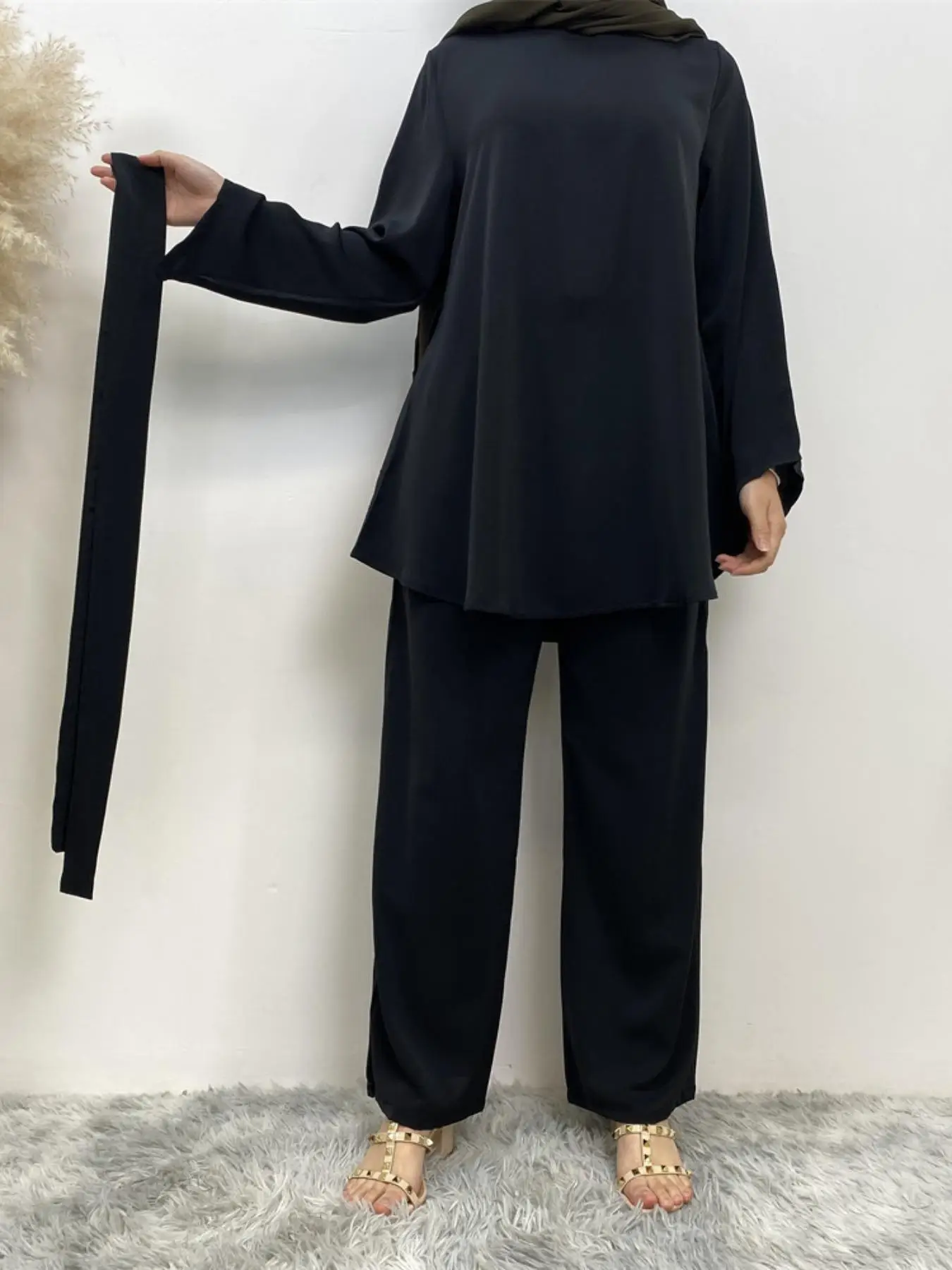 Women's Solid Color Long Sleeve Top with Belt & Pants Set, Casual Fashion Cozy Two-piece Outfits for Daily Outdoor Wear, Women Islamic Clothing for Sp