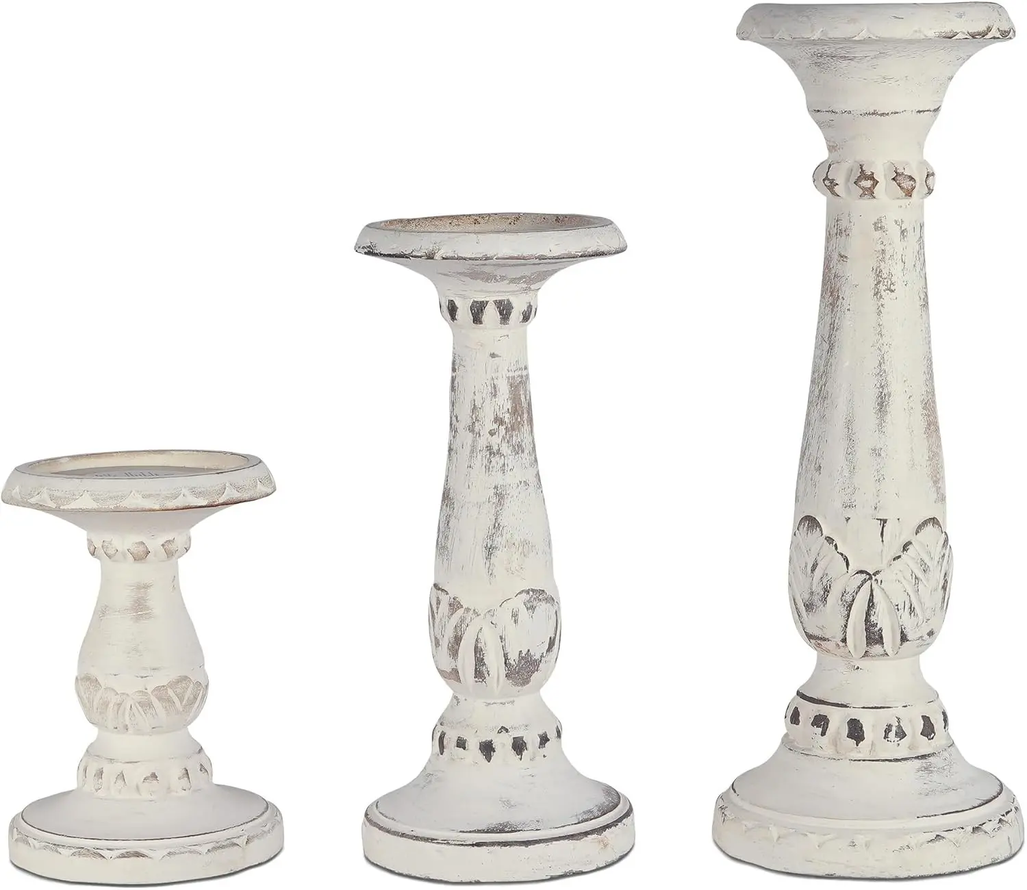 Wood Candle Holders - Distressed White, Set of 3 | 6”, 9” & 12” hand-carved candle holders for table, mantel and living room décor featuring detailed artisan styling