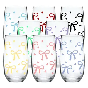 17 oz Bow&Heart Pattern Highball Glasses, 4/8 Pack Tall Glass Sets, Crystal Glass Drinking Glasses. Water Glasses, Mojito Glass Cups, Tom Collins Bar Glassware, Mixed Drink Cocktail Glass Set