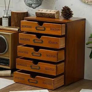 Vintage Wooden Desk Organizer with 5 Drawers, Rustic Wood Storage Cabinet for Office Supplies, Makeup, Stationery & Small Items, Multi-Functional Desktop Drawer Organizer