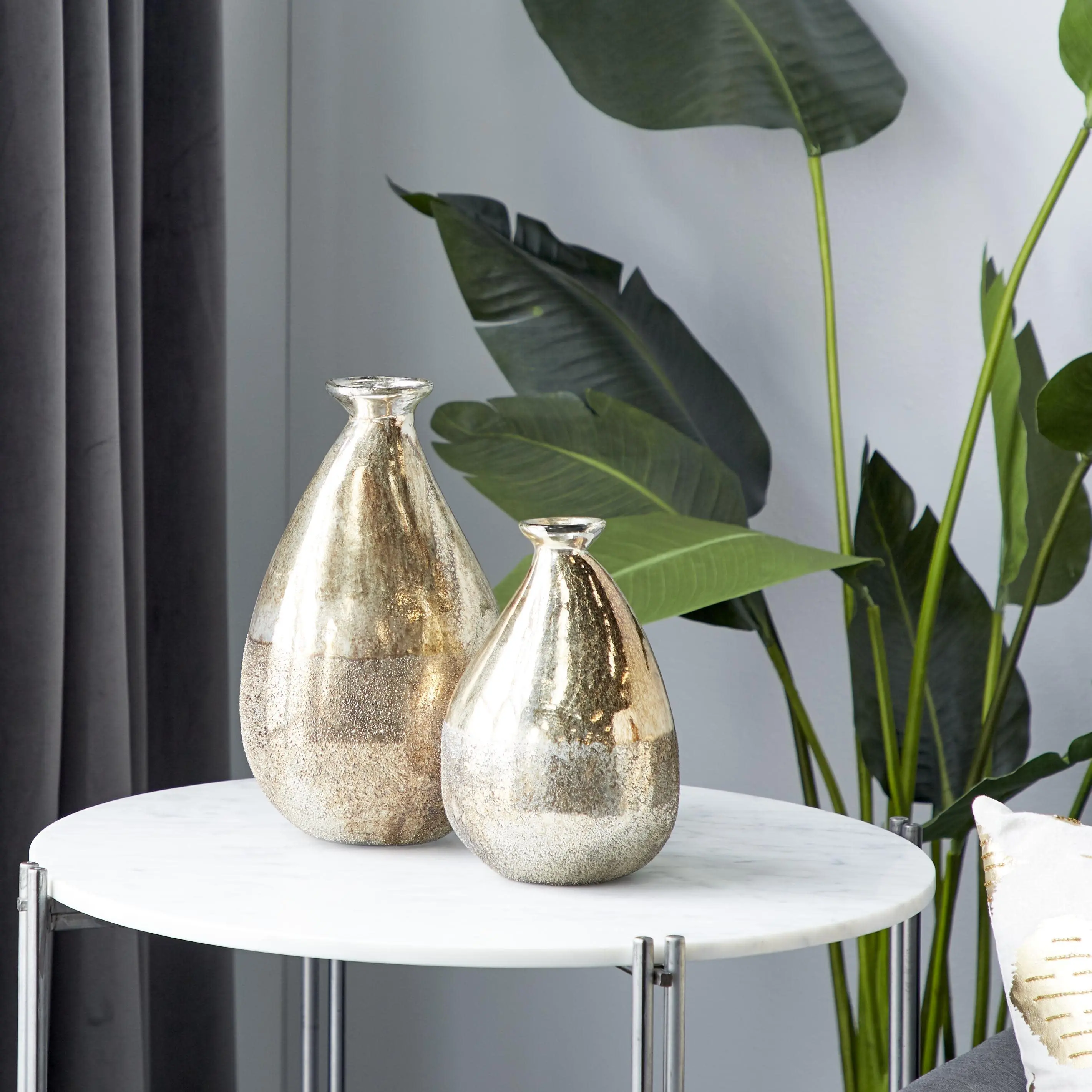 Set of 2 Glass Blown Gold Ombre Washed Teardrop Decorative Vases with Textured Base, 12in & 9in H - Home Decor Centerpiece Table Decor