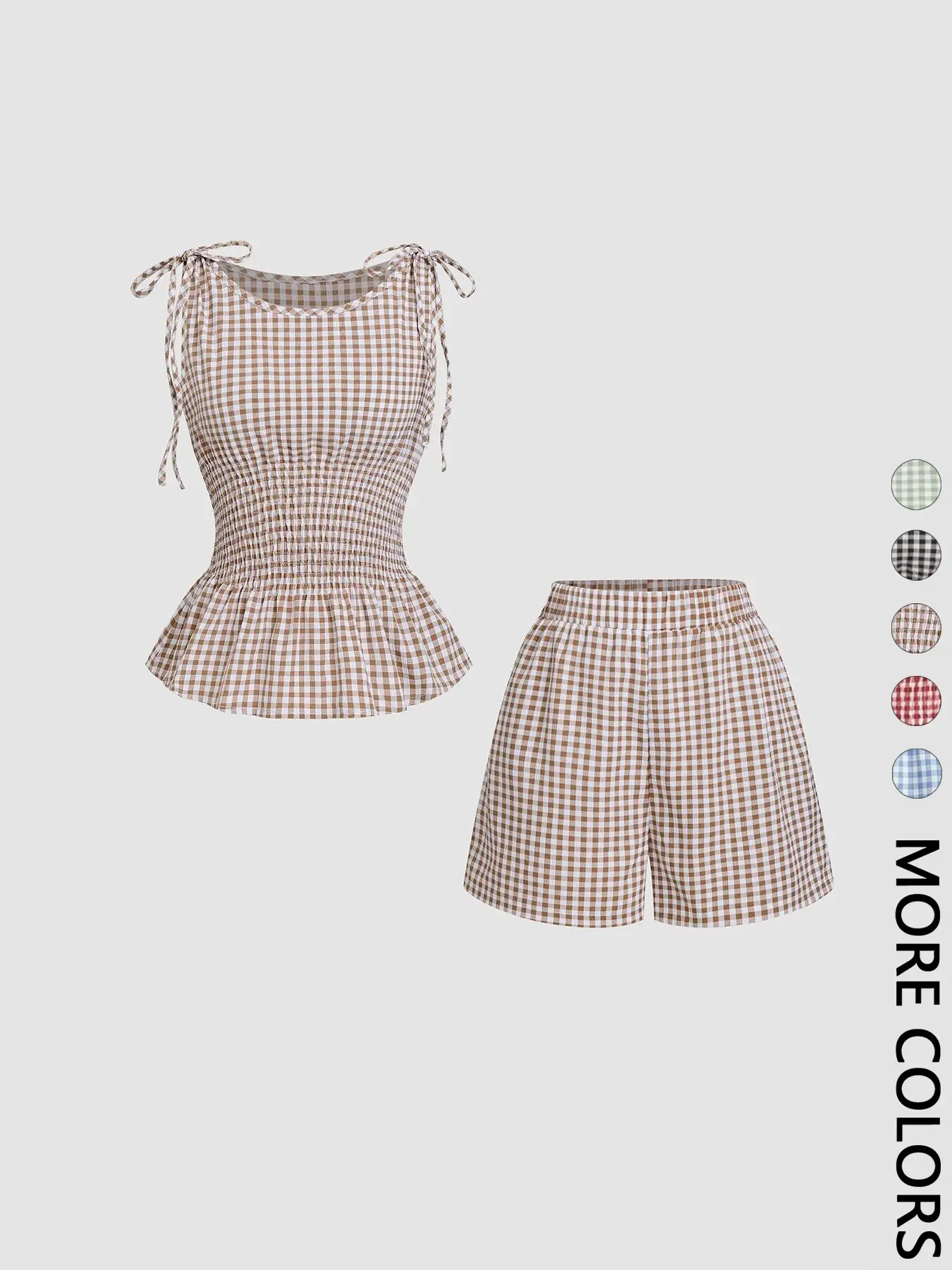 2 Piece Women's Gingham Woven Fitted Adjustable Tie Shoulder Straps Smocked Waist Peplum Tank Top & Shorts Matching Set, Elastic Waistband, Breathable Lightweight Fabric Casual Wear for Daily Vacation Home Leisure
