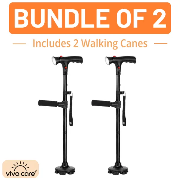 VIVA CARE Walking Stick with LED Light & Alarm Bundle of 2– Lightweight, Foldable, Adjustable, Quad Base, Size L