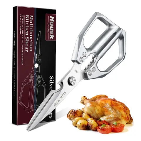 HUUSK Durable Stainless Steel Kitchen Scissors - Heavy-Duty Kitchenware Cutting Tool, Mirror Polish Handles, Detachable Blades, Left/Right-Handed Friendly, Fast Pork Bone Cutting, Dishwasher Safe Sharp Silver Shears, Gift-Ready