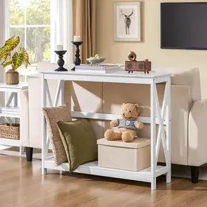 39" Long Accent Table for Living Room, Narrow 2-Tier Side Table with Lower Shelf, Entryway Sofa Table for Hallway Behind Couch, White, 11.8" Wide