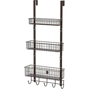 Over the Door Basket Organizer 3 Tier Hanging Basket Door Shelf Rack Heavy Duty Over Door Pantry Organizer with 3 Metal Baskets for Kitchen Bathroom Bedroom Living Room, Dark Brown