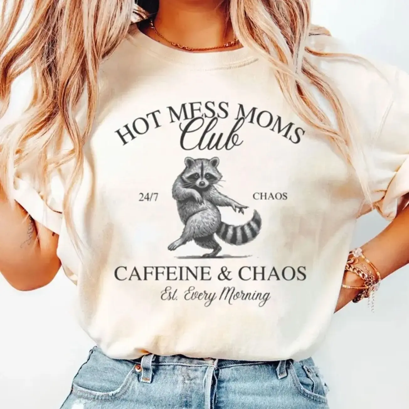 Hot Mess Mom Club T-Shirt, Funny Raccoon Mom Shirt, Cute Busy Mom Tee, Mothers Day Gift, Raccoon Lover Graphic Tee, Casual Cotton Unisex Top