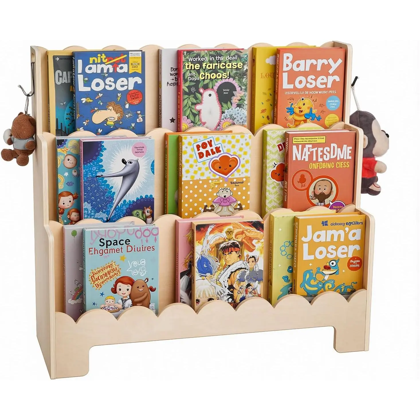 VEVOR 3-Tier Montessori Bookshelf, Scalloped Kids Bookcase, Wooden Book Shelf with 2 Dual Hooks, Daycare Furniture Display Bookshelf for Bedroom, Living Room, Entryway, Nursury, Preschool