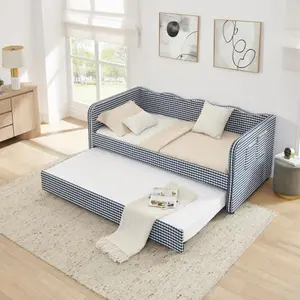 Bellemave Twin-Size Gingham Upholstered 3-in-1 Convertible Daybed, with Pull-Out Trundle, Side Storage Pockets, Ideal for Small-Space Living & Multiple Room Layouts