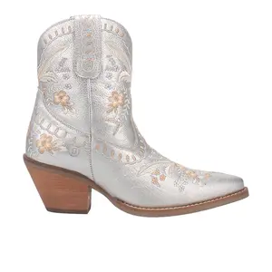 Dingo Womens Primrose Floral Embroidered Metallic Pull On Snip Toe  Casual Boots Ankle Mid Heel 2-3" - Silver