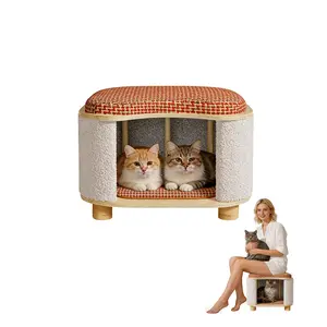 Solid Wood Cat House Stool, 300LB Load-Bearing Cat Bed Cave with Scratching Pad – Modern Multi-Use Cat Furniture for Indoor Cats & Humans
