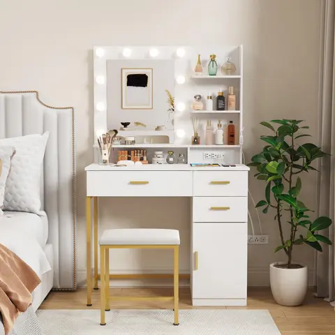 Lifewit 31.5"/35.4"/38.6" Vanity with Mirror, Adjustable Brightness, Makeup Desk with 2 Drawers & Stool for Bedroom Bathroom Makeup Room Mothers Day Gifts,summerwins