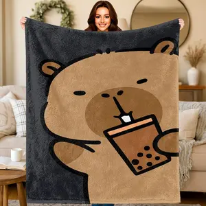 Cozy Capybara Plush Flannel Blanket - Cute Capybara & Boba Tea Print, All-Season Soft Throw for Bed, Sofa, Camping - Machine Washable Capybara Bedspread, Pet-Friendly Gift s (Multi-Size)