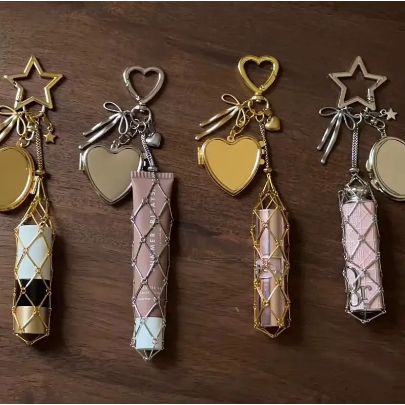 New Women'S Fashion Lipstick Storage Mirror Box with Small Mirror Fashion High-End Lipstick Bag Mesh Pocket Keychain