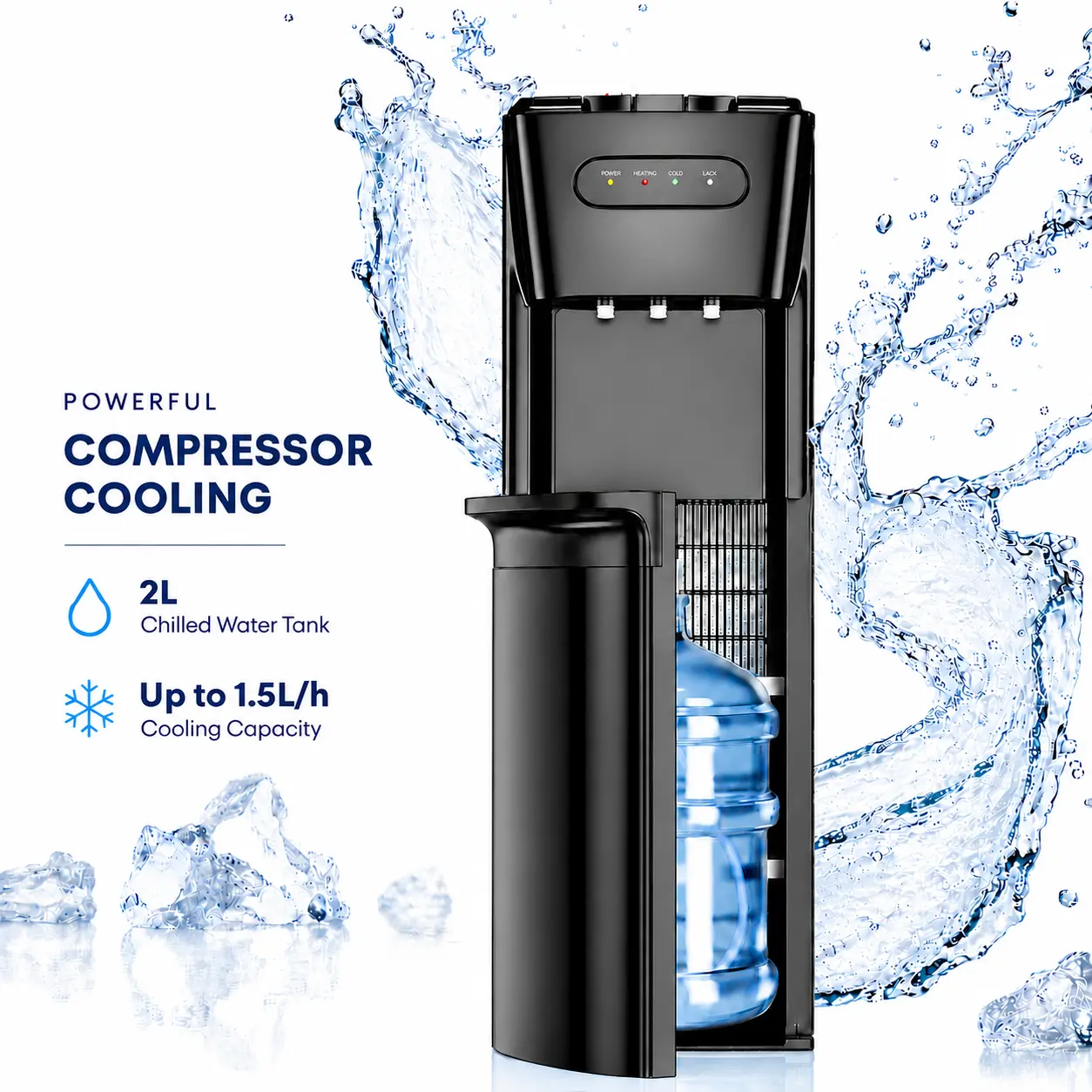 MANASTIN Corded Bottom Loading Water Cooler Dispenser - Fits 3/5 Gal Bottles, Heating/Cooling (Compressor Cooling), 3 Temperatures (Hot,Cold,Room), Child Lock, Empty Bottle Alert, for Home & Office