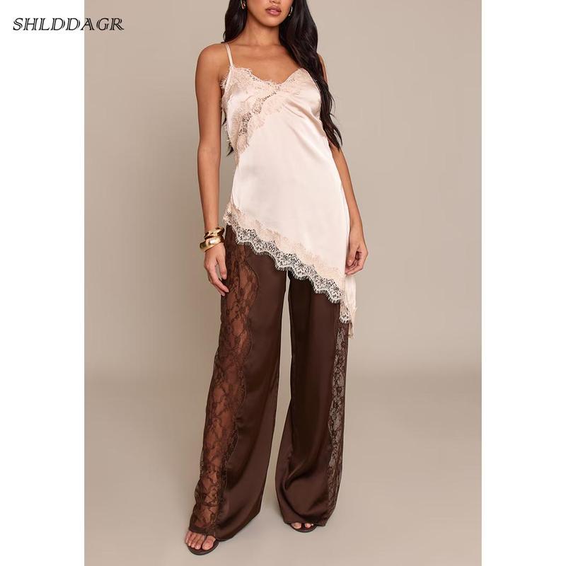 Women's Stylish and Elegant Satin Lace Wide-Leg Pants - High-Waisted Drawstring Loose Flowy Casual Party Dress Pants with Side Lace Trim (Ivory/Brown/Olive Green) Women's Stylish and Elegant Satin Lace Wide-Leg Pants - High-Waisted Drawstring Loose Flowy Casual Party Dress Pants with Side Lace Trim (Ivory/Brown/Olive Green)