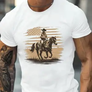 Men's Rugged American Cowboy Graphic T-Shirt - Premium Cotton Relaxed Fit Streetwear Tee with Patriotic Horse & Flag Print, Round Neck Short Sleeve Casual Shirt for Casual Attire