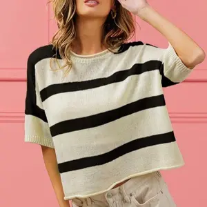 Lightweight Striped Short Sleeve Sweater Top