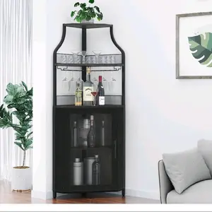 Aoile Corner Wine Cabinet with LED Lights 5-Tier Industrial Bar Cabinet with Barn Door & Glass Rack Farmhouse Style for Home Bar