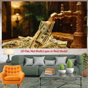 1pc Dollars Flowing from Tap Backdrop - 2D Flat Photography Prop & Party Decoration for Studio, Outdoor Events, Family Celebrations - Realistic Money Design, Durable Tapestry, Not Multi-Layer/Real Model, Event Decoration, Luxurious Setting, Detailed