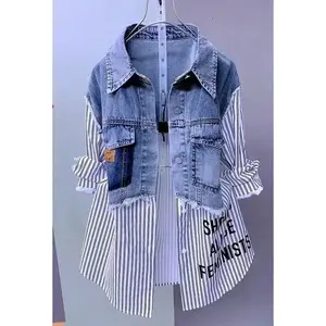 new patchwork denim jacket for women, spring and autumn denim shirt tops casual jacket Womenswear Coat Comfort
