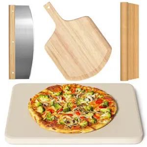 4 Rectangle Pizza Stone Set  15" Large For Oven And Grill With Peel(oak) & 10pcs Cooking Paper Free Baking Bread Bbq