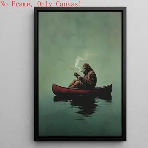 Sasquatch Fishing Vintage Poster, Sasquatch in Canoe Wall Art, Wall Decor for Home Living Room Bedroom Office, Home Decor,Unframed