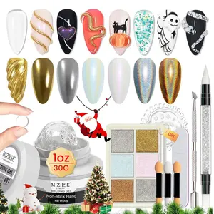 Solid Builder Gel - 1 oz Clear Non Stick Hand Hard Gel with 6 Colors Chrome Powder Nail Form Extension Kit for Nail Salon Home DIY
