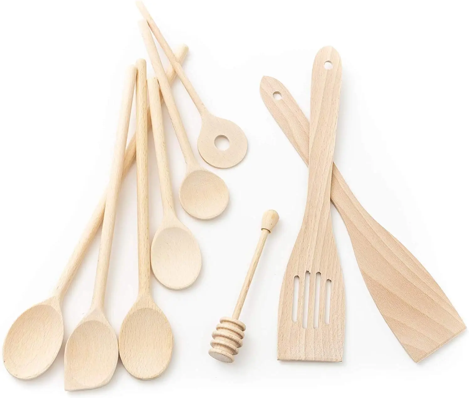 Kitchen - 9-Piece Wooden Cooking Utensils Set, Specially Designed Solid Beechwood Wooden Spoons, Wood Spatula and Honey Dipper, Durable Wooden Utensils for Everyday Use