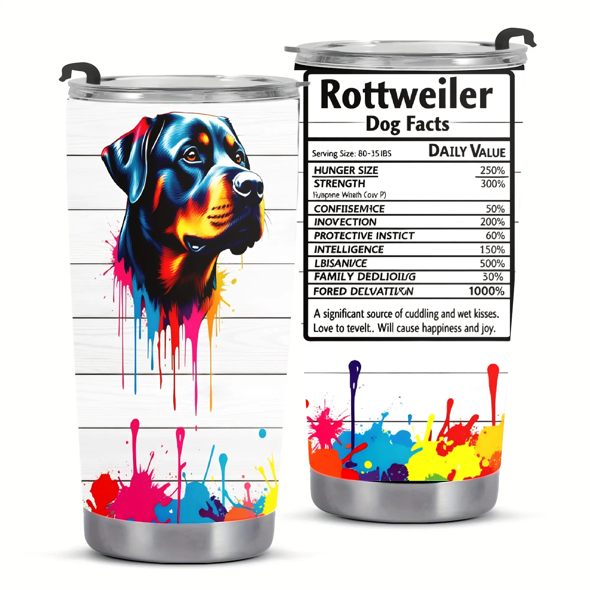 Stainless steel insulated tumbler featuring colorful ink splash design and Rottweiler theme — a gift for dog lovers, fun “dog nutrition chart” travel cup