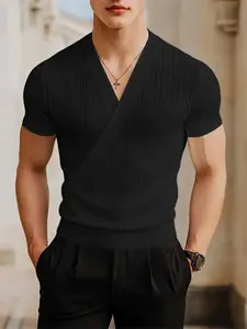 INCERUN Men's Textured V-Neck Short Sleeve Loose Solid Color Polyester T-Shirt, Fashionable And Versatile, Perfect for Daily Wear, Tops