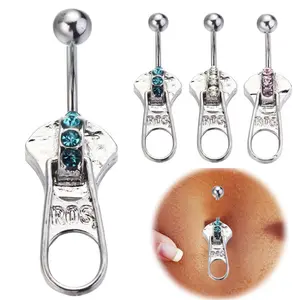 Chic Cubic Zirconia Zipper Belly Button Ring - Stainless Steel Adults' Navel Piercing Engagement Body Jewelry, 1 Size