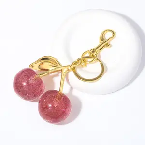 Pink Cherry Purse Charm with Glitter, Cute Cherry Keychain for Handbags, Stylish Pink Cherry Bag Accessory for Women