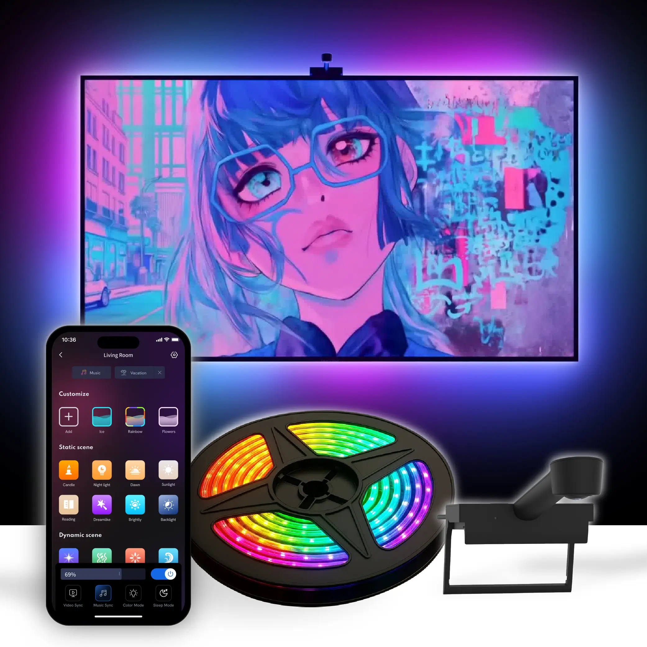 Aura TV Backlight for 50-85in TV LED Light Strip with Color Sync Technology for Immersive TV Light Adjustable RGBIC Lighting Music Visualizer App Cont